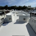 Pont arrière du bateau. Il est très long, tout blanc et avec un paillasson en faux gazon à l'entrée de l'échelle.