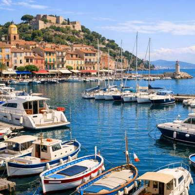 Image d'un port maritime sur la Côte d'Azur avec des bateaux amarrés à l'intérieur.
